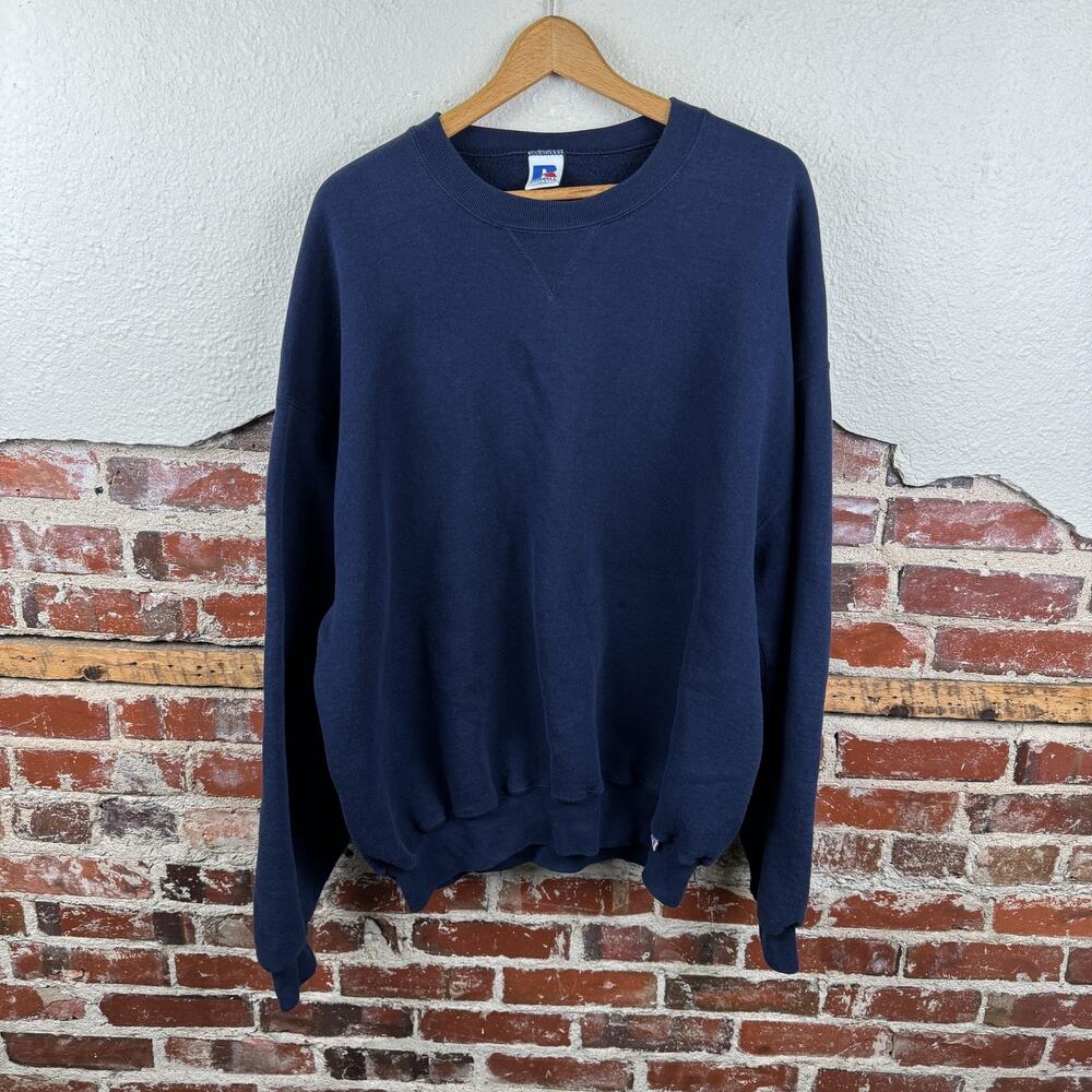 Vintage Russell Athletic Sweatshirt Mens 2XL Navy Blue Crewneck Fleece Pullover
